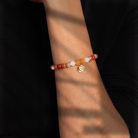 Armband, Bracelet, Orange,  Weiß, White, Brown, Red, Rot und braun, mit Spirit of Om Anhänger,  aus den Edelsteinen Carneol und Orangencalcit